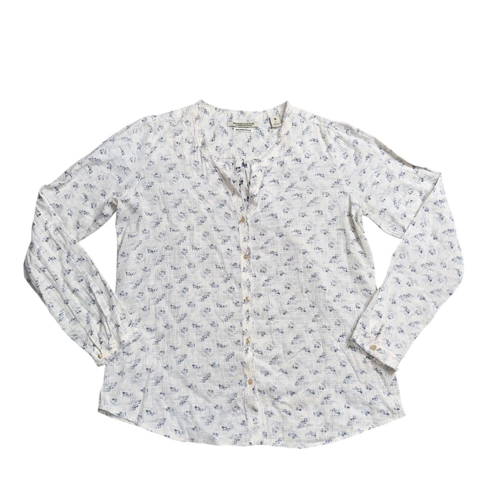 Maison Scotch Floral Blouse Womens 1 White Blue Excellent Raw‎ Edge Mademoiselle